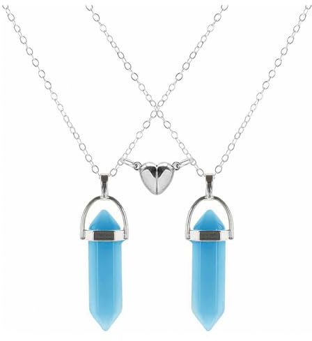 Sarini Juego de Collar de Cristal de Roca Luminoso Azul: Colgante de Cristal Hexagonal, Gargantilla magnética de corazón para Pareja, joyería de Piedras Preciosas energéticas para Mujeres y Hombres