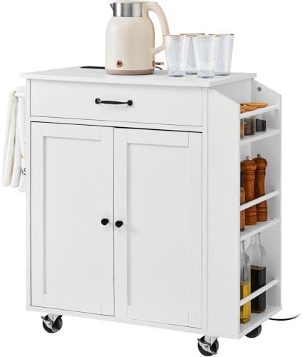 VEVOR Isla de Cocina Portátil con Ruedas, Carrito con Armario Almacenamiento, Toma de Corriente, Especiero, Toallero, Estante Ajustable, Cajón, para Comedor y Sala de Estar, Blanco 810 x 380 x 860 mm