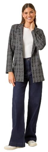 Roman Originals Women Longline Textured Jersey Blazer - Ladies Smart Casual Formal Office Work Meeting Interview Ceremony Lapel Mock Pocket Detail Marl Look Long Sleeve Jacket - Black - Size 12