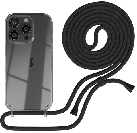 EAZY CASE Handykette kompatibel mit iPhone 16 Pro Handyhülle mit Umhängeband, Handykordel mit Schutzhülle, Silikonhülle, Hülle mit Band, Stylische Kette für Smartphones, Schwarz - Clips Schwarz