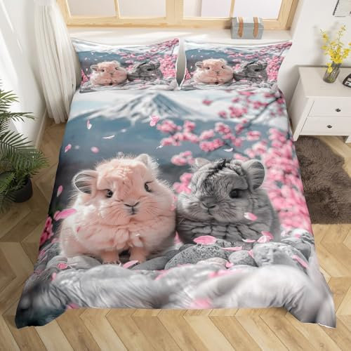 Homewish Nette Chinchilla 135x200 Bettwäsche Set,Rosa Kirschblüte Japanischen Stil Bettbezug,Kawaii Tier Druck Bett Set Geschenke für Haustier Liebhaber,Berg Floral Bettbezug (Kein Tröster)