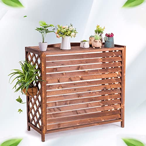 Clôture extérieure pour climatiseur avec grille inférieure, étagère de rangement et coque de conditionnement robuste pour unité extérieure.