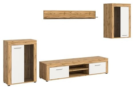 xonox.home Wohnzimmer Jam 4tlg. Set Wohnkombination Wohnwand Wohnzimmermöbel Wohnzimmerschrank Möbelkombination Wohnzimmerset in Front weiß Melamin, Korpus/Absetzung Wotan Eiche Nb. melamin