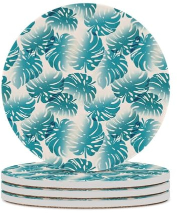 Mateju Monstera 4/6 Stück Untersetzer Gläser, Rund Keramik Untersetzer Coasters mit Korkboden, Abwaschbar Wiederverwendbare Coasters für Zuhause Restaurant Büro und Bar (Türkis,4 Stück)