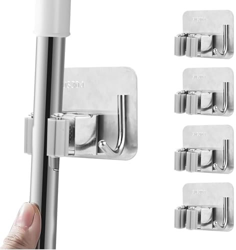 Set 4 Soporte Escobas - Colgadores Escoba y Fregonas Adhesivo Adecuado para colgar escobas y fregonas en restaurante cocina baño y garaje (Plata)