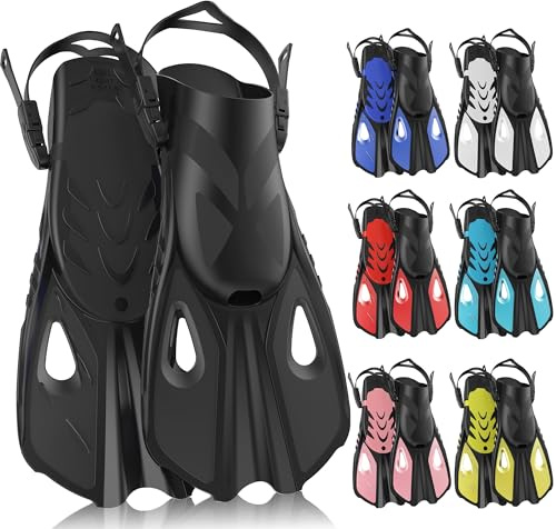 MELUMILU Snorkel Fins, Swim Fins Travel Size Short Adjustable for Snorkeling Diving Adult Men Women Open Heel Swimming Flippers (Black)