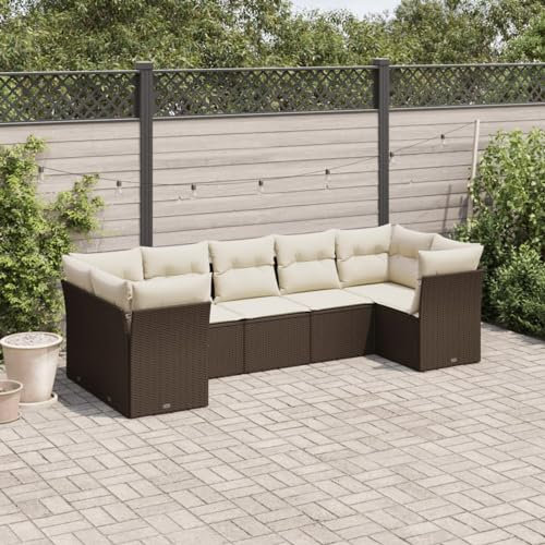 Brokky 7-TLG. Garten-Sofagarnitur mit Kissen Gartengarnitur Set Lounge MöBel Outdoor LoungemöBel Balkon Braun Poly Rattan