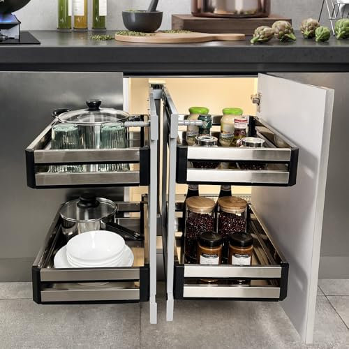 Warmiehomy Blind Corner Pull Out Kitchen Storage 2 Tier Pull Out Cabinet Organiser with 4 Plate Baskets Soft Close Blind Corner Organizer for 800-1000mm Left Right Open Compatible