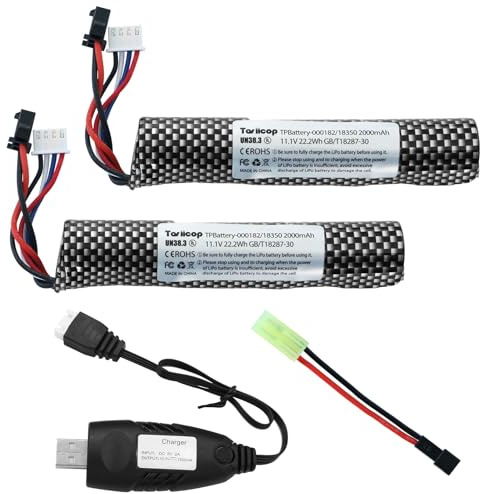 Tosiicop 11.1v Battery Gel Blaster - Airsoft Batteries 11.1 Volt 2000mAh with Charger and Mini Tamiya Connector to SM-2P Plug Conversion Cable for Water Bead Splatter Ball 2 Pcs