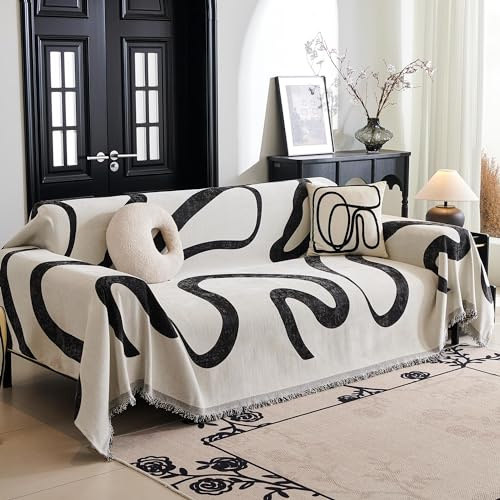 MYSKY HOME Sofabezug 3 Sitzer Chenille Sofa Überzug L Form Sofa Schutzdecke | Schwarze Kurve,1 Stück,180x300cm,Geometrische Modern Sofa Bezug,Boho Sofaschoner Waschbar,Jacquard Sofa Cover L Shape