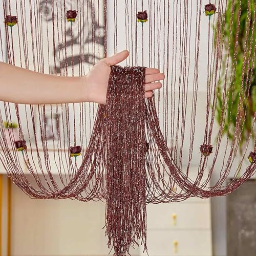 Odot Rideau de Fil pour Porte Fenêtre Design Fleur de Rose,Rideaux en Corde Franges 1 Piece Rideaux Moustiquaire avec Passe Tringle Rideau Anti Mouches pour Décoration (Colore Caffè,100x200cm)