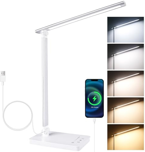 Akynite Lampada da Scrivania LED con Porta USB C, Adattatore 2A incluso, 5 Colori 10 Luminosità, 45Min Timer Touch Control Lampada da Tavolo Dimmerabile, Luce per Camera da Letto, Bianco