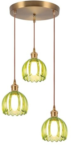 LIGINOK 3 Lampe Suspendue en Verre Intérieure Moderne Vert Fleurs E27 Suspension Luminaires Vintage Laiton Doré Lustre Réglable en Hauteur pour Salon Chambre Cuisine