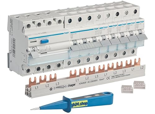 Einbaupaket 1x FI-Schutzschalter 30mA, 1x Sicherung B16A/3, 5x Sicherungen B16A/1, 1x Kammschiene, 2x Endkappen und 1x gh24 Phasenprüfer