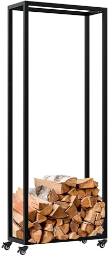 CLP Kaminholzständer innen Metall mit Rollen Hilta, Kaminholzregal aus stabilem Metall, Aufbewahrung für Brennholz im Wohnzimmer Farbe schwarz Größe 25x60x150 cm