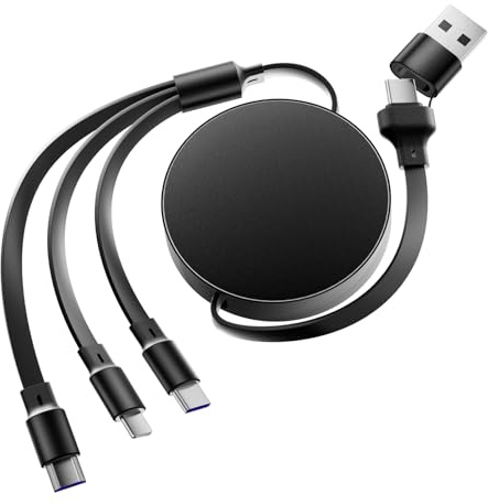 Diyuna Retractable USB Multi Charger Cable with USB A/C, 6 in 1 Multi Charging Cable, 120W Fast Charging Cable for Multiple Devices, Multiple Charger Cable Compatible for Phone, Pad, Laptop, Black