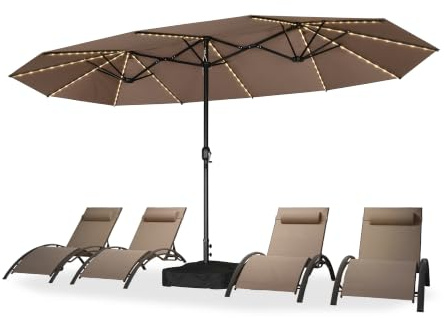PURPLE LEAF Grand Parasol Double avec LED et Pied 4,25 x 2,45 x 2,4 m Taupe | Parasol de jardin extérieur, Grande zone d'ombre, Résistance vent fort, Nuit éclairée, UPF 50+, Montage rapide, Terrasse