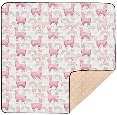 Lama Baby-Spielmatte für drinnen und draußen, bequem, für Neugeborene, Babys, Kleinkinder, 127 x 127 cm, Regenbogen-Weiß