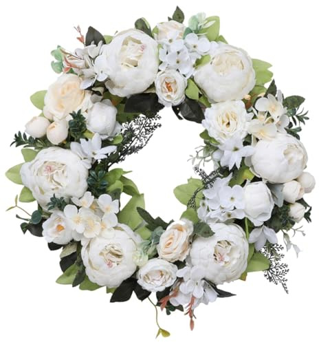 Sharplace Künstlicher Pfingstrosenkranz, für Tür, Geschenke, Partys, Innenbereich, 45 cm Durchmesser, Dekoration, Girlande, Blumenarrangement fürs, Weiß