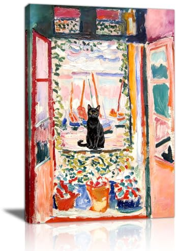 Henri Matisse Katze Leinwand Bilder Mit Rahmen, Rosa Offenes Fenster Schwarze Katze Wandbilder Vintage Lustige Tiere Bild Auf Leinwand Wandkunst Wanddeko für Wohnzimmer Schlafzimmer Küchen 40X60cm