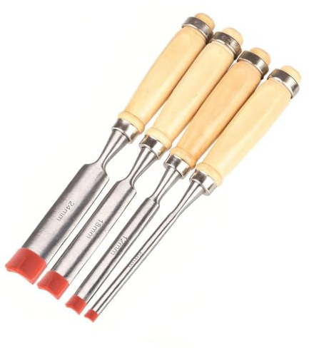 4 Pcs Curved Wood Gouge Chisel Set with Tip Protectors | Curved gouge profile, 4-piece set of 6mm/12mm/18mm/24mm, protective caps included, premium steel for wood carving
