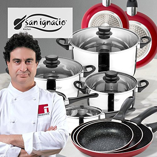 San Ignacio batería de Cocina 8 Piezas y Juego de sartenes en Rojo, Cromado