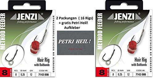 Set: 2 packs of method feeder hair rig set (16 rigs) with rubber band, diameter 0.25 mm, hook size: 8, length 12 cm, with Petri Heil sticker