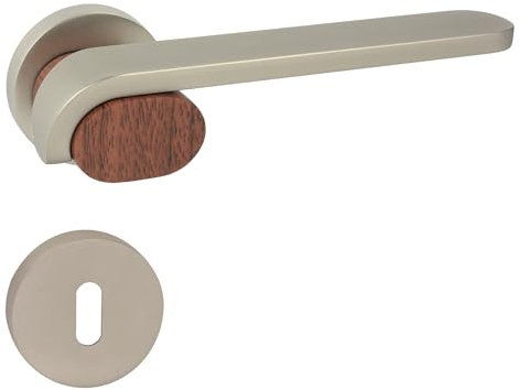 domino Türgriff Drückergarnitur BB-Buntbart Set Rund-Rosette Türklinke für Bürotür, Kellertür & Innentür Türbeschläge aus Znal Nickel satiniert/Holz Türdrückergarnitur ROLL-R M91/HOLZ