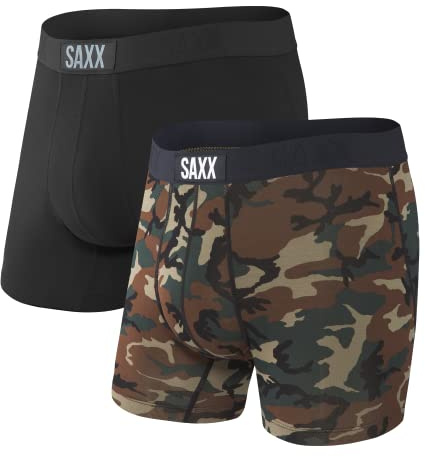 SAXX Underwear Men's Boxer Shorts – VIBE Men’s Underwear – Boxer Shorts with Built-In BallPark Pouch Support – Pack of 2, Black/Wood Camo, Small