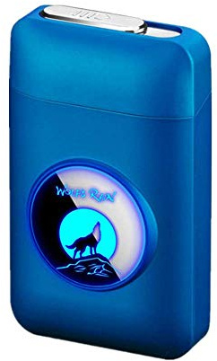 Zigarettenetui mit Feuerzeug, LED Grafik-Zigaretten-Etui, 2-in-1 Portable Elektronisches Lighter Flammenlose Aufladbar Zigarettenschachtel, Elegante Entwurf Feuerzeug Aufladbar Wolf blau