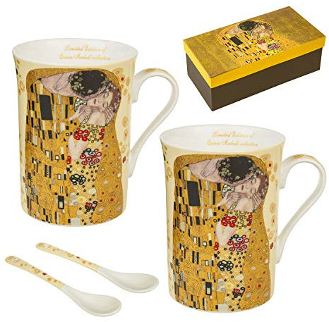 Queen Isabell Lot de 2 tasses à café 250 ml avec cuillère pour deux Pérons Le Baiser de Gustav Klimt Idée cadeau en porcelaine