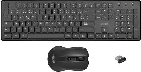 APM 100042 - Pack- Combo Clavier Azerty et Souris Optique - Technologie Sans Fil 2,4 Ghz - Fonctionnement Ultra Rapide - Touches de Raccourcis - Clavier Bureautique - Noir
