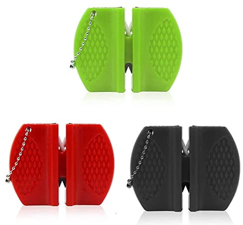 3 Pieces Pocket Knife Sharpener Portable Knife Sharpener Thick & Fine 2-Stage Mini Pocket Knife Sharpening Tool for Mountaineering Camping Travel or Outdoor BBQ(Red, Black, Green)