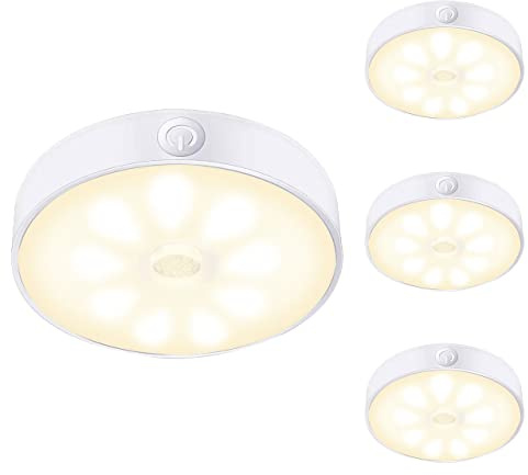 LAVAED 4 Pack Motion Sensor Puck Lights Indoor LED Closet Lights USB Rechargeable Battery Powered Night Light 9LEDs 3000K Dimmable Under Cabinet Light Stick-on for Pantry Bedroom Kitchen (Warm White)
