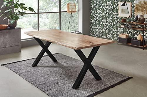 SAM Esstisch 220x100 cm Bologna, Akazienholz massiv + naturfarben + lackiert, echte Baumkante, Baumkantentisch mit X-Gestell aus Metall schwarz, Esszimmertisch mit Tischplatte 26 mm