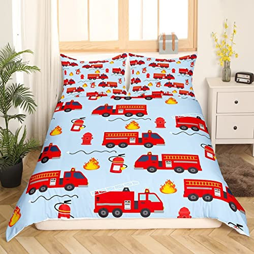 Feuerwehrauto Bettwäsche Teenager Fahrzeuge LKW Bettbezug Set Feuer Thema Bettwäsche Set 135x200cm Jungs Karikatur Auto Drucken Bettwäsche für Bett Jungen Mädchen Kinder Schlafzimmer Dekor Rot Blau