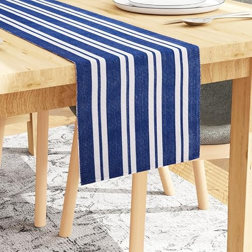 Encasa XO Tischläufer, Feinripp Baumwolle, Modern 13x98 | Franca Blue Stripes, Maschinenwaschbar | Garngefärbt, Formstabil | Langlebig & Pflegeleicht | Tischdeko Esstisch & Küche