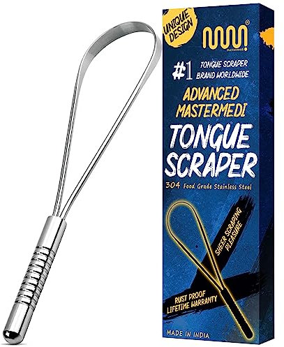MasterMedi Rascador de lengua, tratamiento del mal aliento para adultos y niños, de calidad médica, 100% acero inoxidable, raspador de lengua para el cuidado bucal, fácil de usar limpiador lingual con