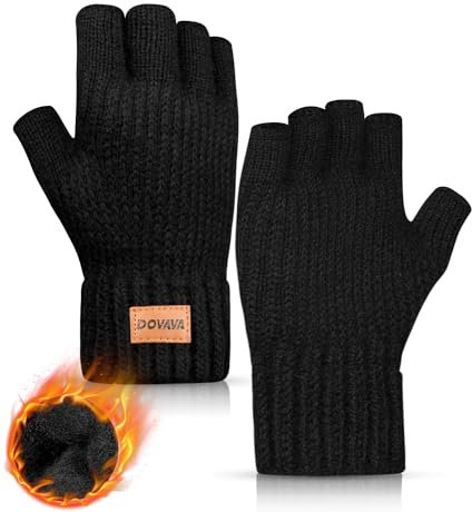 DOVAVA Handschuhe Fingerlos Herren Damen,Winterhandschuhe Touchscreen,Thermo Halbfinger Strickhandschuhe mit Weichem Innenfutter für Laufen Radfahren Freizeit Outdoor (Schwarz