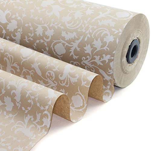 Blumenpapier Ornament weiß auf braun 50 cm x 300 m | 40 g/m² Recyclingpapier | Blumenseide auf Rolle | Blumen verpacken | HUTNER