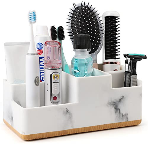 YMWVH Badezimmer Zahnbürstenhalter Weiß (6 Fächer) – Groß Elektrische Zahnbürste Halterung mit Abflussloch, Anti-Rutsch Design, Marmorartige Oberfläche für Familien