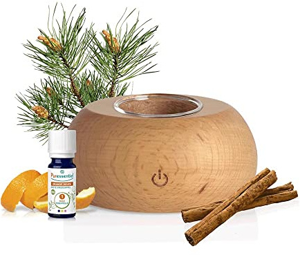 Puressentiel - Diffuseur à Chaleur Douce Xilo en Bois Durable FSC + 1 Huile Essentielle Bio d'orange Douce 10 ML Offerte - Idée Cadeau Noël - Port USBC