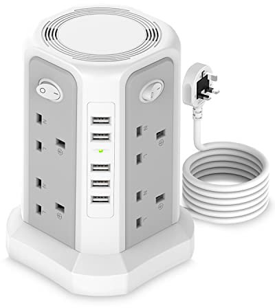 Tower Extension Lead 3M, 5 USB Slot Extension Lead Surge Protected 8 Way Outlets, 3250W Extension Cords Overload Protection, Power Extension Tower for PC/Phone/Laptop/Speaker/TV White