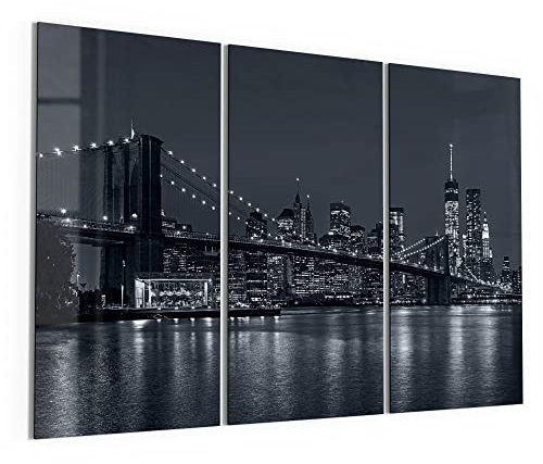 DEQORI Glasbilder Echtglas | Motiv Manhattan Bridge nachts | horizontal 3-teilig 150x100 cm | große XXL Deko | Wandbilder für Wohnzimmer, Schlafzimmer, Flur & Küche | moderne Wanddeko