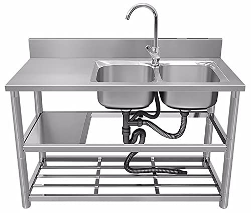 Fregadero de Cocina,Fregadero MultifuncióN,Fregadero Independiente con Encimera y Grifos de Agua FríA y Caliente,Fregadero de Acero Inoxidable con Dos Tazones。 (Size : Hot and Cold)