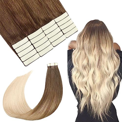 SURNEL 50cm Tape Extensions Echthaar #8/60 Balayage Braun Ombre Blonde Tape in Echthaar 50garmm 20pcs(tape#8T60-50cm)