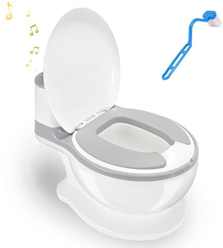 Ikodm Kinder töpfchen mit Spülgeräusch,Toilettentrainer für Kinder mit Sound und Batterien,Töpfchen für kinder weiches PU-Kissen,mit Pinsel Grau weiß