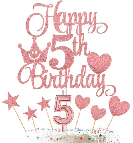 5th Birthday Cake Decorations Set Include 5th Birthday Candles Numeral 5 Cake Candles and Happy 5th Birthday Cake Toppers with Heart Star Cupcake Picks for Birthday Party (Rose Gold Series)