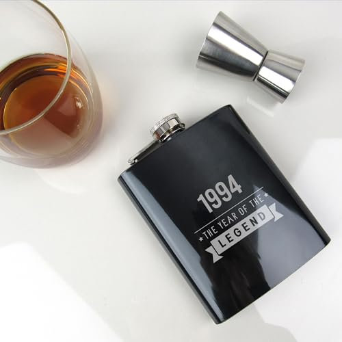 Engraved Black Stainless Steel Hip Flask -1994 Year of The Legend Design - 30th Birthday Gifts for Him, Men - Thirtieth Gift for Son, Grandson, Brother - 7oz Drinks Canteen