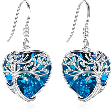 Eusense Pendientes Árbol de la Vida Pendientes de Plata de Ley 925 para Mujeres Pendientes de Cristal Corazón Regalos de Joyería para Damas Niñas